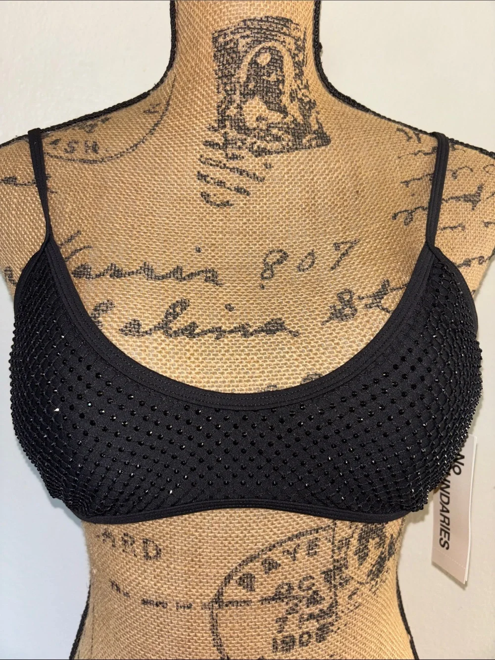 Black Beaded Embellished Netted Swim Bikini Top- No Boundaries Sz M 8-10